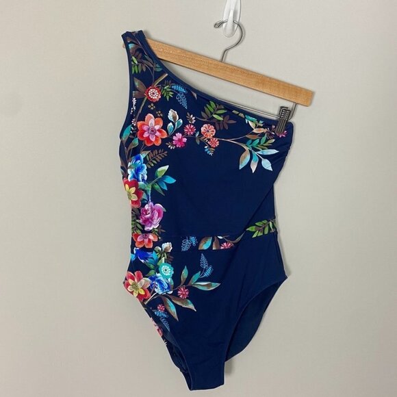 Johnny Was One Shoulder Bloom One Piece Swim Suit Womens Small Blue - Picture 2 of 9